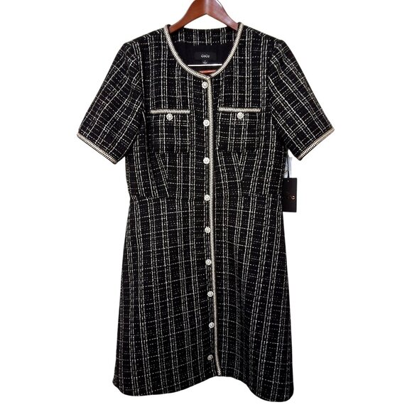 CeCe Metallic Plaid Short Sleeve Tweed Mini Dress Embellished Rhinestone Button- - Picture 2 of 7